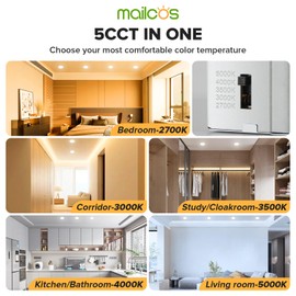 MAILCOS 6 Pack 6 Inch 5CCT Ultra-Thin LED Recessed Ceiling Light with Junction Box, 2700K-5000K Selectable, 1050LM High Brightness, Dimmable Canless Wafer Downlight, 12W 120V, ETL