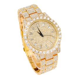 Techno Pave Men's 44mm Iced Out Solitaire Bezel Watch, Baguette Dial - Gold Dial