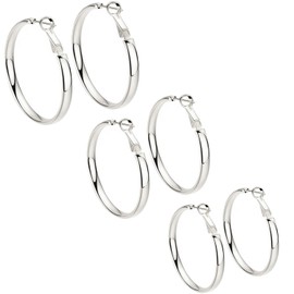 3 Pairs Stainless Steel Chunky Shiny Large Big Hoop Earring Sets for Women Girl Silver