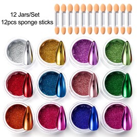 Chrome Nail Powder Kit 12 Colors Holographic Metallic Mirror Effect Chrome Pigment Glitter Dust for Nail Art Gel Polish Decoration Resin Craft Manicure Home DIY Salon Use