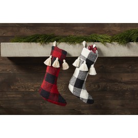 Mud Pie, Tan, Buffalo Check Tassel Christmas Stocking, 19" x 11.5", 19" x 11 1/2"