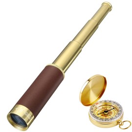 Laupha 海賊望遠鏡 ビンテージ単眼鏡 25×30 伸縮自在 小型 携帯便利 子供の望遠鏡 コスプレー オモチャ カリブの海賊 野外生存用のコンパス付き 金