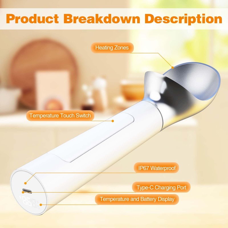 Heated Ice Cream Scoop Rechargeable, Waterproof Electric Ice Cream Scoop
