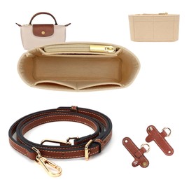 GADITIEK Strap and Organiser for Longchamp Mini Bag, Leather Brown Bag Straps For Crossbody Handbags and Felt Mini Bag Organizer Insert for Long Champ Mini