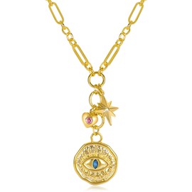 NEKOL Evil Eye Charm Necklace for Women, 14K Gold Plated Elegant Heart Star Cubic Zircon Paperclip Pendant Necklace, Jewelry for Valentine's Day Mother's Day Birthday Christmas Gift