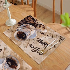Vintage Coffee Placemats Set of 6 Brown Chocolate Imitation Linen Placemat Coffee Time Heat Resistant Dining Table Place for Kitchen Indoor Restaurants Party 12''x18''