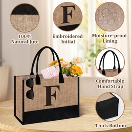 Initial Jute Tote Bag & Makeup Bag, Birthday Gifts for Women Her Mum Teacher, Suitable for Wedding, Beach, Holiday (F)