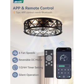 LEDIARY 20" Caged Ceiling Fan With Light, APP&Remote Control, Small Flush Mount Farmhouse Fan Lights, Low Profile Rustic Bladeless Ceiling Fixtures For Bedroom, Kitchen-Black Color