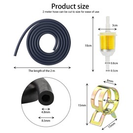 ACHANFLY Fuel Gas Line Kit, 2m Hose, 8.5mm Outer Diameter, 4.8mm Inner Diameter, 13pcs, for Small Engines, Lawnmowers, Snowmobiles, Motorcycles, Scooters