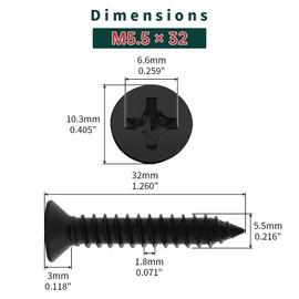 #12 x 1-1/4" Flat Head Wood Screws (50 pcs), 18-8 (304) Stainless Steel, Phillips Drive Flat Head Self Tapping Screws, Black Oxide Coated Sheet Metal Screws, Fayeploo (with Phillips Driver Bit)