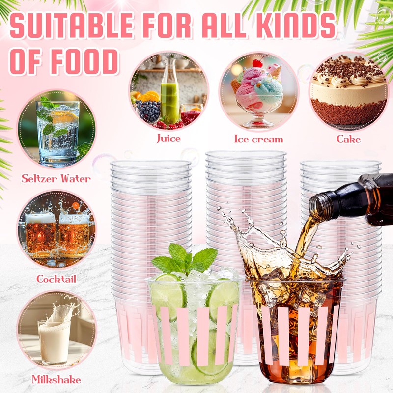 50 Pcs Pink Striped Plastic Cups Disposable 12oz