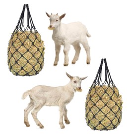 2PCS Slow Feed Hay Net for Goat, 33" Length and 2" Holes Hay Nets, Hanging Hay Feeder Bag for with Using 5mm Thick Woven Mesh Rope, Can Hold 1 to 1.5 Flakes of Hay, Chew-Resistant Polyethylene Fiber