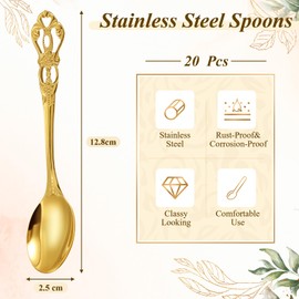 Dandat 20 Pcs 4.9" Vintage Fancy Gold Teaspoons Coffee, Tea Party, Dessert Spoons, Stainless Steel Mini Spoons for Tea, Coffee, Dessert, Wedding, Party Tableware