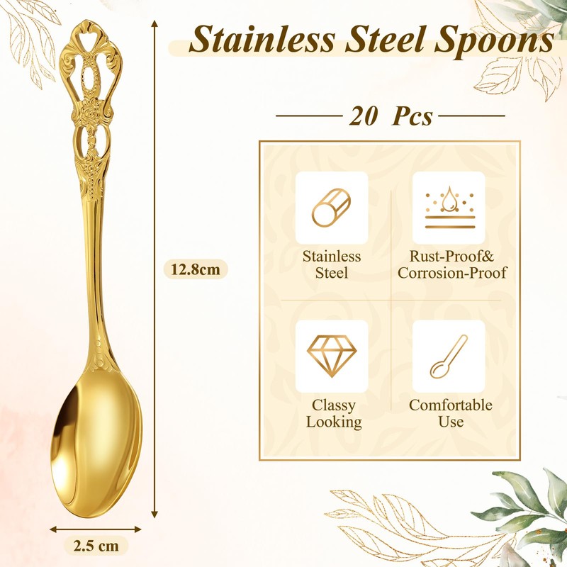 Dandat 20 Pcs 4.9" Vintage Fancy Gold Teaspoons Coffee, Tea