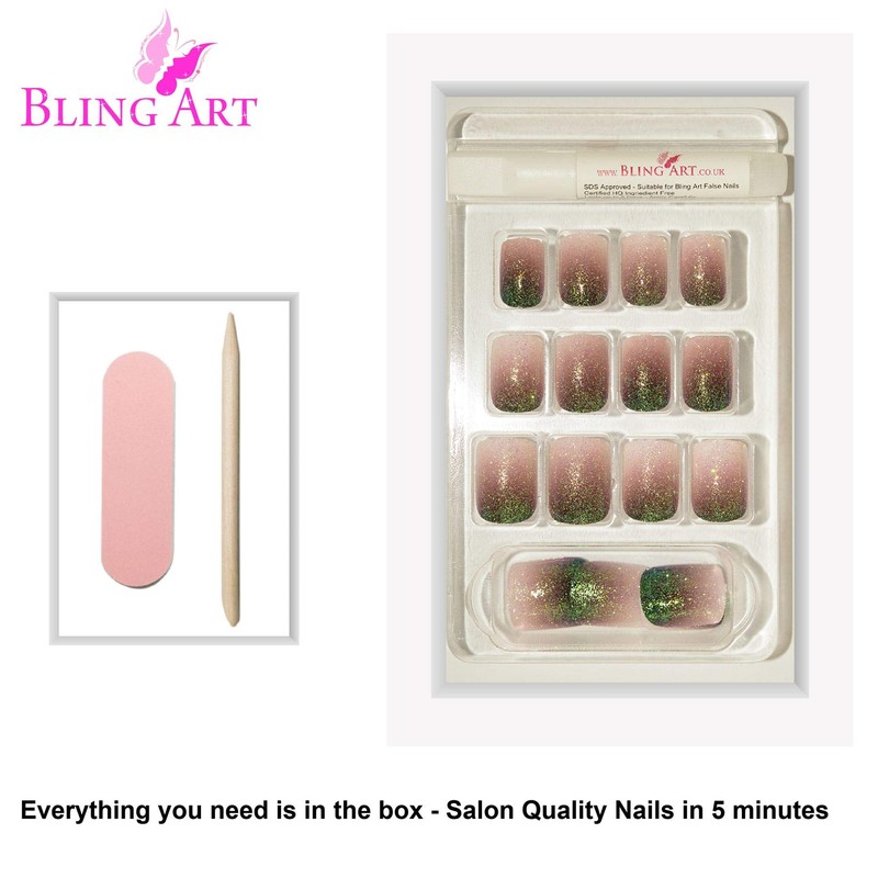 Falsche Nägel Bling Art Grun Braun Gel Ombre Französisch Squoval