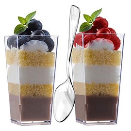 zappy 100 3oz Mini Dessert Cups & 100 Tasting Spoons Tall Square Clear Plastic Dessert Glasses Disposable Shot Glass Tumbler Shooter Cups Parfait Glasses Sample Appetizer Bowls Trifle Bowl 3 oz