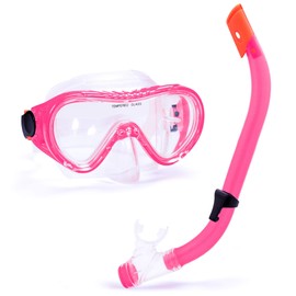 Junior Semi-Dry Diving & Snorkel Set - Child Safe Adjustable Swim Gear - Beach Days, Vacations, or Aquatic Adventures - PVC Skirting and Mouthpiece, Tempered Shatterproof Glass (Pink)