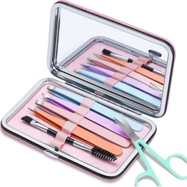 Juego de Pinzas de Depilar para Cejas con Tijeras Curvadas, 6PCS Pinzas para Depilación de Cejas con Espejo, Kit Profesional Precisas, para Astillas y Pelos No Deseados, Depilación Facial, Multicolor