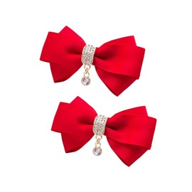 Rhinestone Crystal Dangle Center Ribbon Assorted Color Bow Shoe Clips Pair Removable Shoe Buckle (Red)