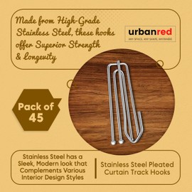 UrbanRed 45 PCS Strong Stainless Steel Pinch Pleat Curtain Hooks, Makes Pinch Pleated Curtains and Drapes for Three Standard Windows, 4 Prongs Pleated Tape Curtain Drapery, Curtain Pin Hooks
