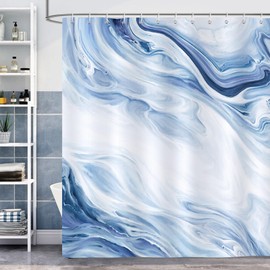 Bonhause Shower Curtain Marble Blue White Modern Abstract Shower Curtains 180 x 180 cm Anti-Mould Waterproof Polyester Fabric Washable Bathroom Curtain for Bathroom with 12 Hooks