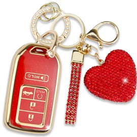 Simocky Key Fob Cover with Diamond Keychain, Car Key Shell for Women, Compatible with Honda Accord Civic CRV Pilot Ridgeline Passport 2016-2022 Key Protector (5 Buttons-Red Heart)