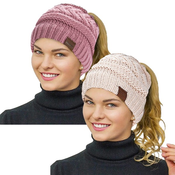 Rosoz 1&2 Packs Ponytail Beanie for Women,Winter Warm Beanie Tail