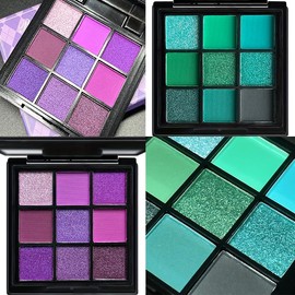 9 Colours Portable Matte Eyeshadow Micro Shimmer High Pigment Eye Shadow Set, 2 Pieces Green and Purple Cosmetic Set for Stage Makeup, Party Makeup