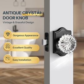 LOQRON Privacy Crystal Door Knob, Daisy Design Crystal Doorknob Interior with Push Button Lock, Vintage Door Knob for Bathroom Bedroom, Matte Black