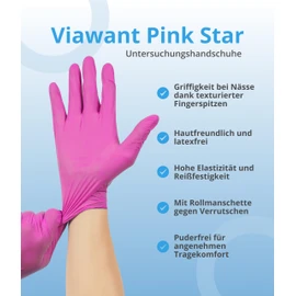 Viawant® Pink Star Disposable Nitrile Gloves L [Pack of 100] Sturdy, Hypoallergenic, Powder-Free & Latex Free - Tear-Resistant Disposable Gloves