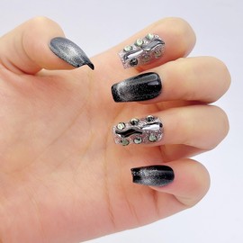 Press-On Nails, Black and Silver Gradient with Metallic Art Design, Set of 10 (Mermaid rainbow cat eyes, Medium)