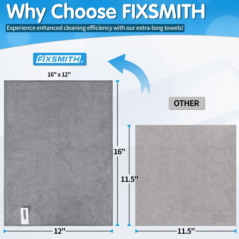FIXSMITH Grey Microfiber Cleaning Cloth -Pack of 12, Highly Absorbent