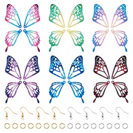 FASHEWELRY 48Pcs Stainless Steel Butterfly Wings Charms Rainbow Fairy Wings Earring Charms Filigree Feather Pendants with 120Pcs Jewelry Findings for DIY Jewelry Making
