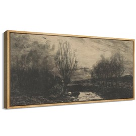 SIGNFORD Extra Large Framed Canvas Print Wall Art Moody Dark Landscape with Trees and Water Illustrations Modern Art Calm Warm for Living Room, Bedroom, Office - 60"x30"