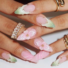 Medium Press on Nails Flower Nail Art- 24Pcs Almond Shaped Fake Nails Green French Tip Glue on Nails with 3D Flowers Design Full Cover False Nails Spring Summer Flower Nails Art Decoration for Women