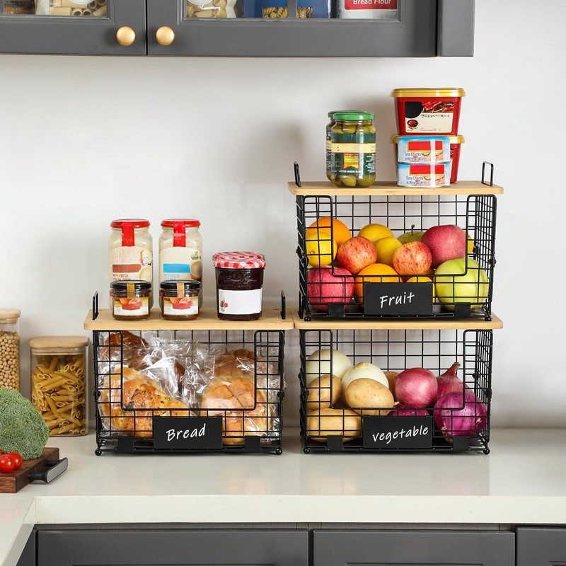 2 Set XL Stackable Wire Basket with Bamboo Tops &