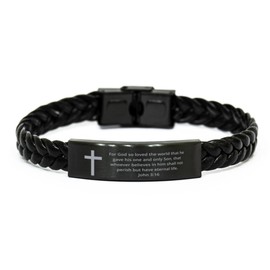 DARIN GIFT Christian Bible Verse Braided Leather Bracelet, John 3:16 inspirational Encouragement Gifts Faith Engraved Stainless Steel Adjustable Religious Jewelry Cross Bracelet For Men Women