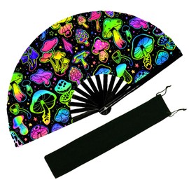 EOSAU UV Glow Large Rave Fan Folding Hand Fans for Line Dancing Portable Handheld Clack Fan for Festival EDM Party Music Outfit Accessories (Mushrooms)