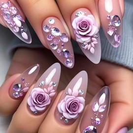 24Pcs Flower Press on Nails Almond Medium Fake Nails Rose Rhinestones Designs Acrylic Glue on Nails Purple Gradient False Nails Glossy Pink Full Cover Stick on Nails for Women Girls