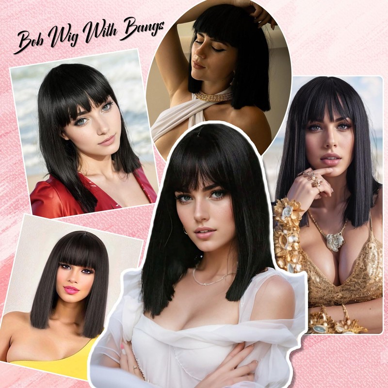 G&T Wig Black Bob Wig with Bangs 14inch Straight Bob