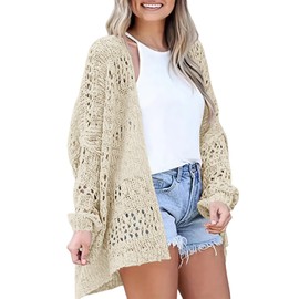 SECRETEYARD Womens Crochet Cardigan Sweater Summer Boho Long Sleeve Lightweight Soft Oversized Open Front Knitted Tops Beige