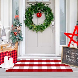Ckorzen Red and White Plaid Rug, 24” x 51” Christmas Outdoor Front Door Decor Mat, Cotton Hand-Woven Washable Rug for Layered Door Mats Carpet for Porch, Entryway Rug-Plaid