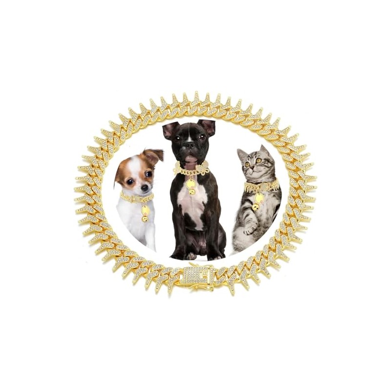Pimaodog Dog Chain Collar, Side Spiked Style Necklace Bling Diamond