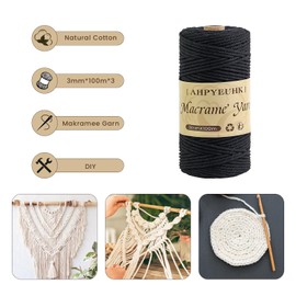 Macrame Yarn 3 mm x 100 m, 3 Pieces Macrame Cotton Yarn, Cotton Cord, Natural Craft Cord, Macrame Accessories for DIY Crafts, Knitting, Boho Wall Hanging Decoration, Dream Catcher (Black + Beige +