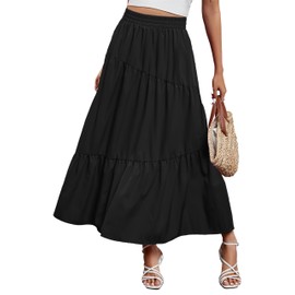 Oyamiki Womens Summer Boho Midi Skirts with Pockets Casual Pleated Asymmertric Ruffle Bohemian Black Dress S