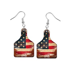 Wood Distressed Flag Earrings - Cow Tag Earrings - Western Earrings -Patriotic Earrings