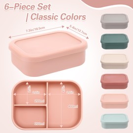 Honeydak 6 Pcs Silicone Bento Box 3 Compartment Reusable Lunch Container Smooth and Leakproof Meal Prep Lunch Box with Lid Stackable Meal Prep Container for Work Travel, 6 Colors(Bright Colors)