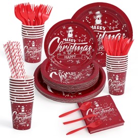 GAOMON Christmas Paper Dinner Plates Cup Napkins Cutlery, Xmas Party Supplies Tableware Set, Heavy Duty Disposable Tableware Napkins Cups, Perfect Christmas Party Supplies, Red, 200 PCS for 25