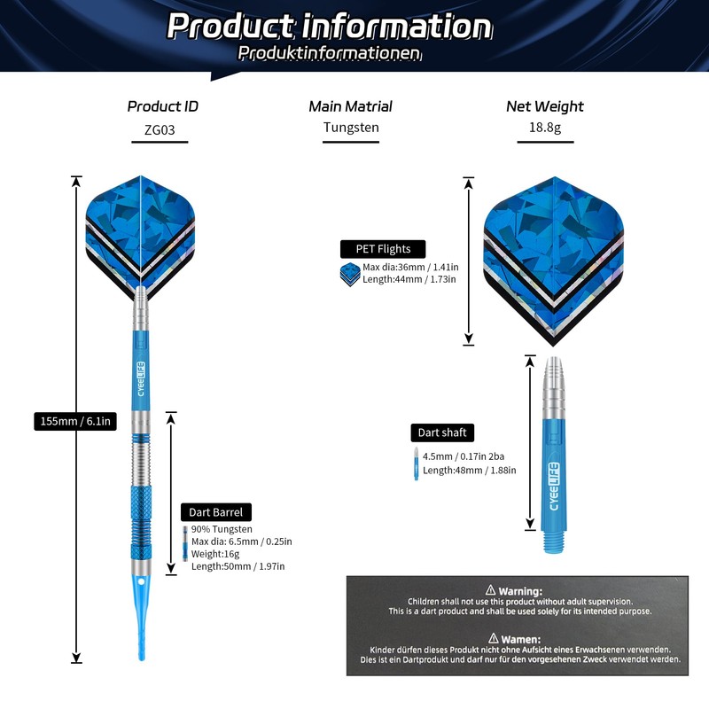 CyeeLife Darts with Plastic Tip, 90% Tungsten, Pack of 3,