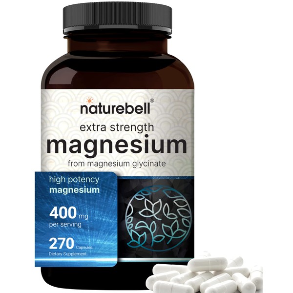 NatureBell Magnesium Glycinate 400mg (Elemental), 270 Capsules – 100% Chelated for Max Absorption | Non-GMO & No Gluten, Bioavailable Mineral Supplement for Muscle, Joint, Enzyme, & Heart Health